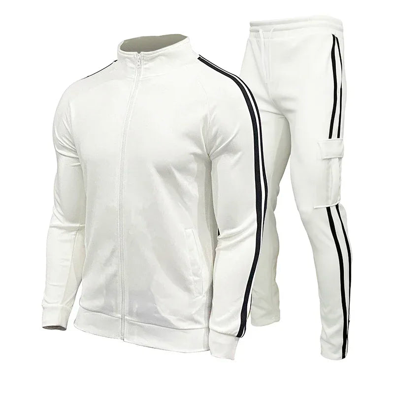 Spring and Autumn Men's Cardigan Striped Stand up Collar Sports Set Outdoor Jogging Cycling Mountaineering Two Piece Set
