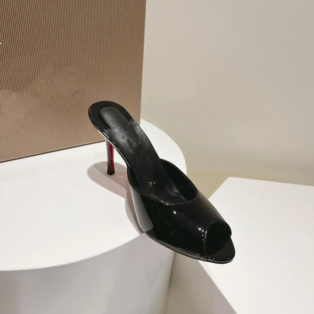 New patent leather nude high heels stiletto round head open-toed fish mouth shoes sexy outer slippers women's muller shoes