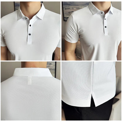 Ice Silk High Elastic Seamless T-shirt ,Summer Thin Polo Shirt, Solid Color Polo Collar Short Sleeve Brown Top, Business Leisure