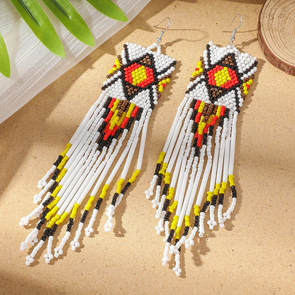 White Rice Beads Earrings For Women Retro Boho Tassels Water Drop Earrings Exaggerated Ethnic Style Earrings Jewelry