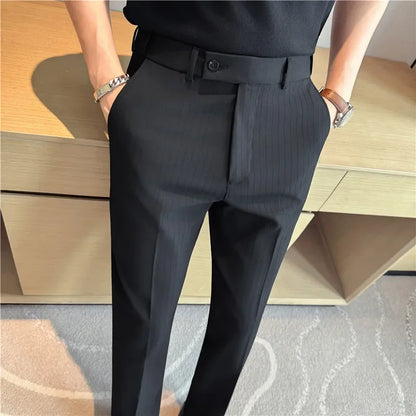 Autumn Winter Elastic Waist Suit Pants Men High Quality Youthful Vitality Smart Casual Suit Trousers Mens Solid Striped Pants