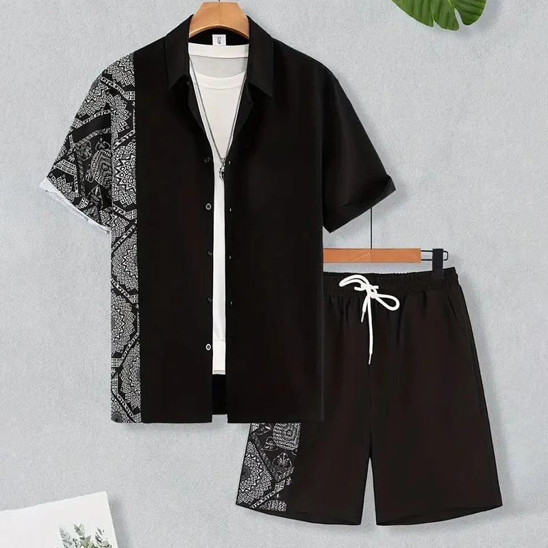 2024 New Men's Summer Holiday Suit Retro Textured Printed Border Shirt Short Sleeve Shorts Two Piece Men's Breathable Pool Suit