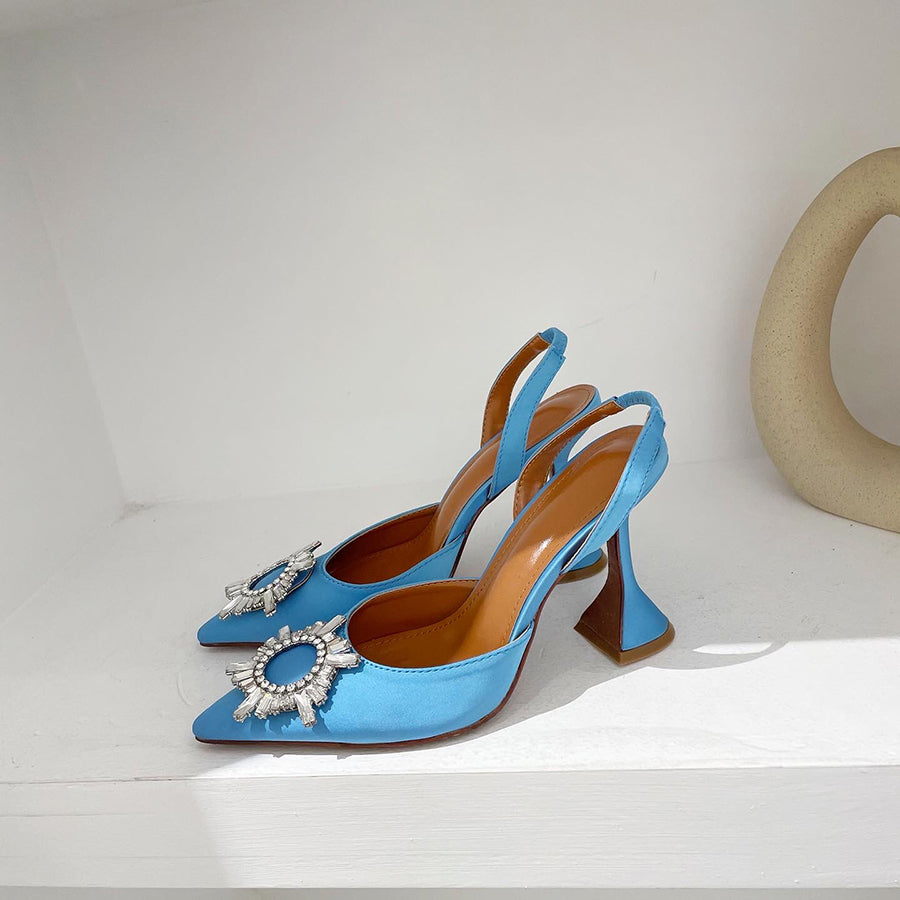 Aneikeh Marca Feminina Salto Alto de Seda Luxuoso Salto Alto com Laço de Borboleta de Cristal Sapatos Pontudos de Verão Salto Triângulo Sapatos de Noiva