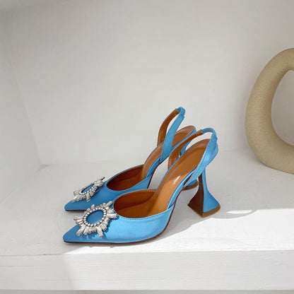 Aneikeh Marca Feminina Salto Alto de Seda Luxuoso Salto Alto com Laço de Borboleta de Cristal Sapatos Pontudos de Verão Salto Triângulo Sapatos de Noiva