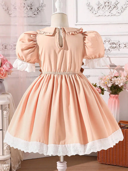 Little Girl's Romantic and Elegant Ladylike Apricot Princess-Style Dress, Decorated with Bows, Stylish Puff Sleeves, Suitable for Birthday Parties, Holiday Events, and Photography. Suitable for Little Girls Aged 4-7, f