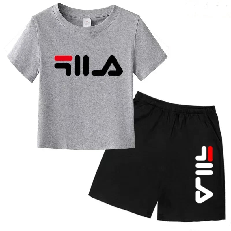 Kids Gift Sports Short-Sleeved Round Neck Black Letters Fashion White T-shirt+Shorts Summer Boy Girl Casual Outdoor Jogging Suit