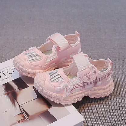 2026 summer new girls' bow mesh toe sandals soft and casual beach sandals children's outdoor walking non slip flat shoes
