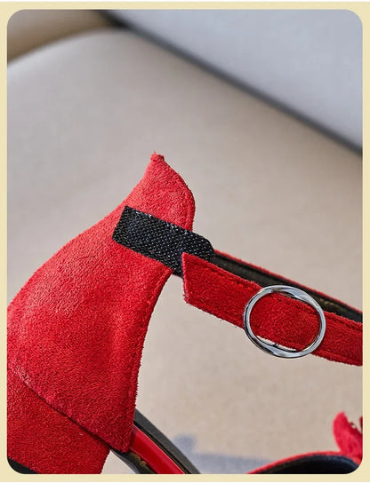Girls Leather Shoes Anti Slip Summer Korean Style Children Fashionable Low Heels Hook & Loop Elegant Princess Mary Janes Wedding