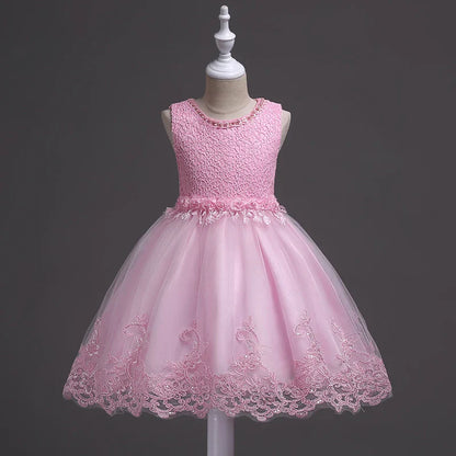 Girl Princess Dress of Korean style sleeveless beaded children's dress dress princess dress lace dress performance