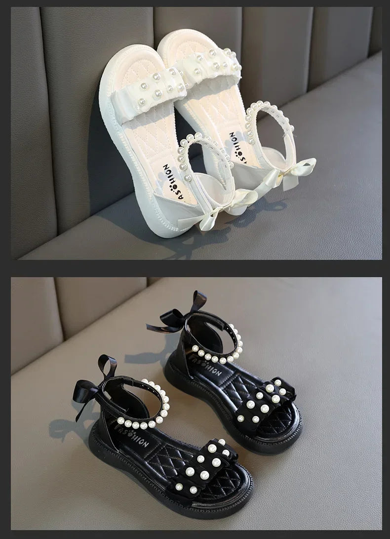 Children's Sandals Summer Bowtie Princess Shoes for Girls Fashion Sweet Kids Causal Pearl Roman Sandals Solid Color Hook Loop