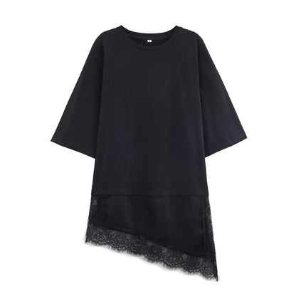 Lace Splice Asymmetry T-shirt  Women Fashion Autumn Winter O-neck loose Tee Top Chic Female Long Sleeved T-Shirts Mjuer