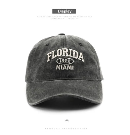 Vintage Washed Cowboy Baseball Cap for Men Women FLORIDA Embroidery Sun Cap Casual Snapback Hip Hop Hat Curved Brim Soft Top Hat