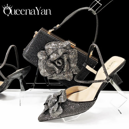 Large Flower Design Shoes & Bag Nigerian Coffee Color Women's Stiletto Shoes For Special Good Time INS Style