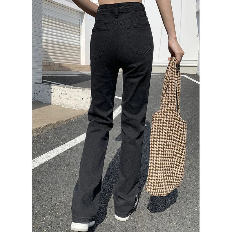 Calça Jeans Feminina Coreana de Cintura Alta Reta Streetwear