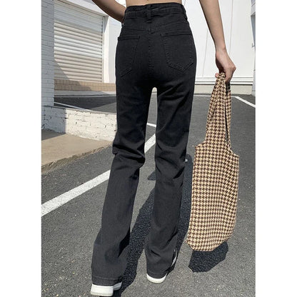 Calça Jeans Feminina Coreana de Cintura Alta Reta Streetwear
