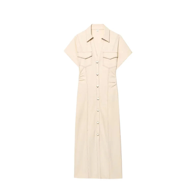 summer new  women's elegant fashion waist pleated V-neck short-sleeved temperament denim MIDI dress