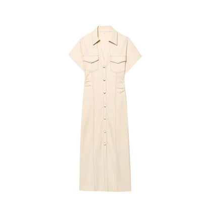 summer new  women's elegant fashion waist pleated V-neck short-sleeved temperament denim MIDI dress
