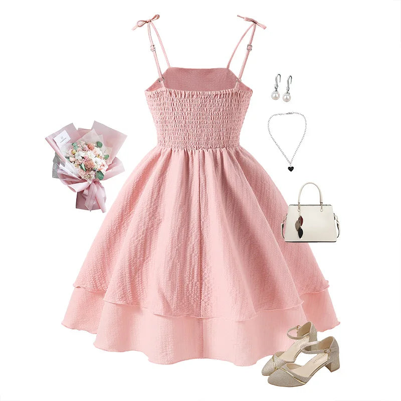 7-12 Years Teen Girls Dress Solid Color Sling Tiered Sleeveless Princess Dress For Kids Children Birthday Present Clothes