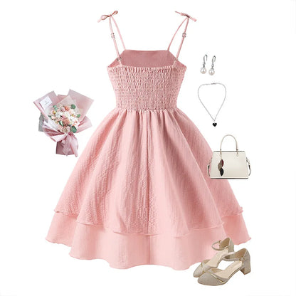 7-12 Years Teen Girls Dress Solid Color Sling Tiered Sleeveless Princess Dress For Kids Children Birthday Present Clothes