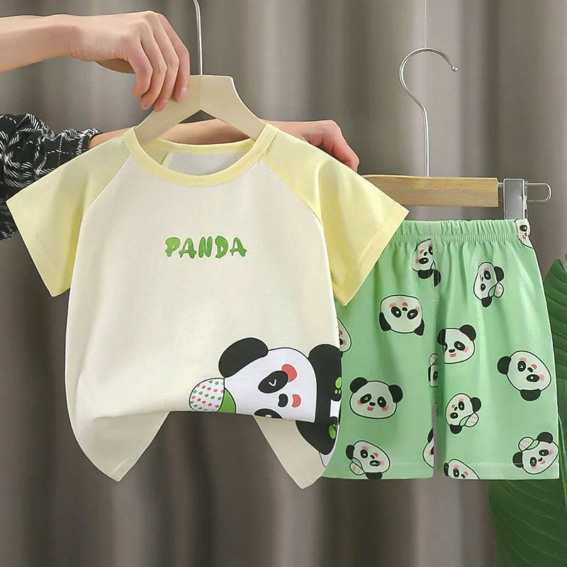 2Piece Summer Boys Clothing Korean Casual Cartoon Cute Print Short Sleeve Baby Tops+Shorts Kids Clothes Children's Sets B207