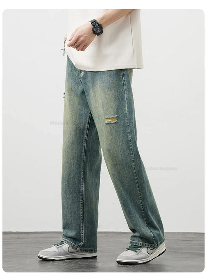 Korea Baggy Jeans Men's Vintage Straight Ripped Y2k Pants Fashion Frayed High Street Distressed Denim Trousers Male Clothes