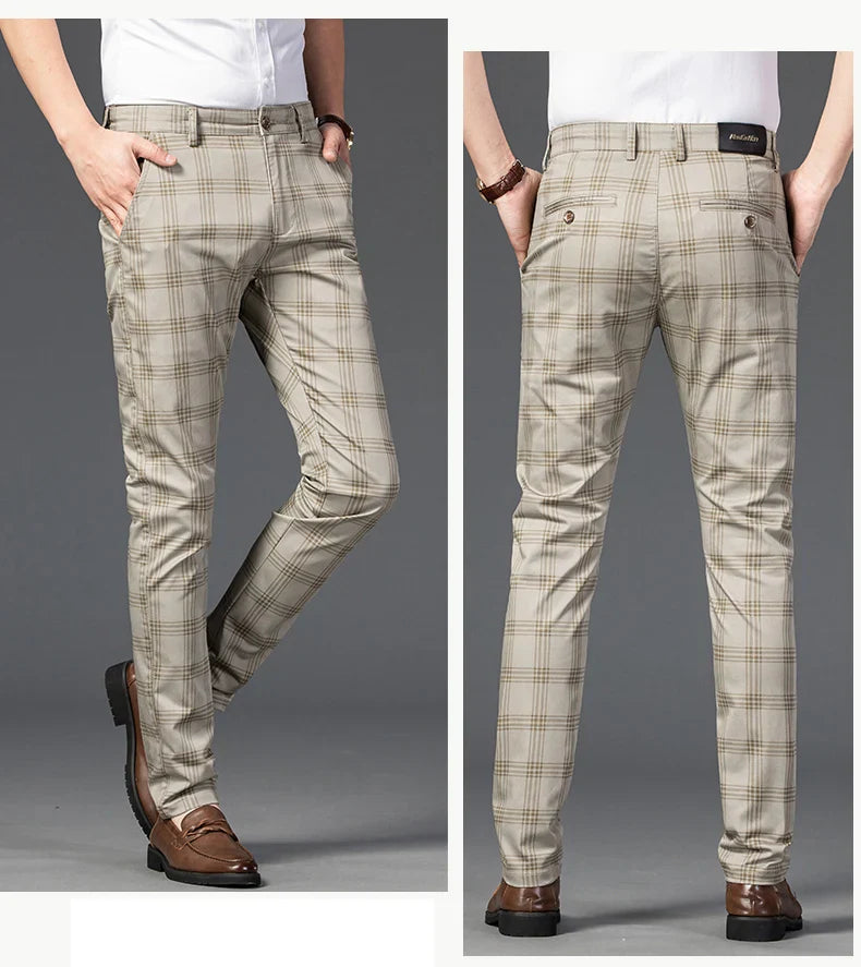 Brand Clothing Mens Casual Pants Fashion Plaid Classic Business Formal Trousers Elastic Straight Social Luxury Suit Pants