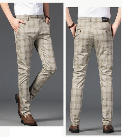 Brand Clothing Mens Casual Pants Fashion Plaid Classic Business Formal Trousers Elastic Straight Social Luxury Suit Pants