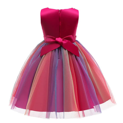 Vestido de princesa flor de lantejoulas para meninas 3-12 anos vestido de laço elegante colorido de renda de malha carnaval festa de aniversário apresentação