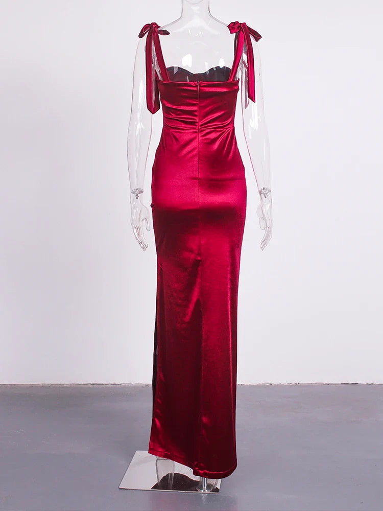 Sexy Sweetheart Ruched Padded Satin Maxi Dress Side Split Tie Up Sleeveless Cocktail Party Evening Bridesmaids PromGown