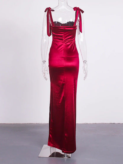 Sexy Sweetheart Ruched Padded Satin Maxi Dress Side Split Tie Up Sleeveless Cocktail Party Evening Bridesmaids PromGown