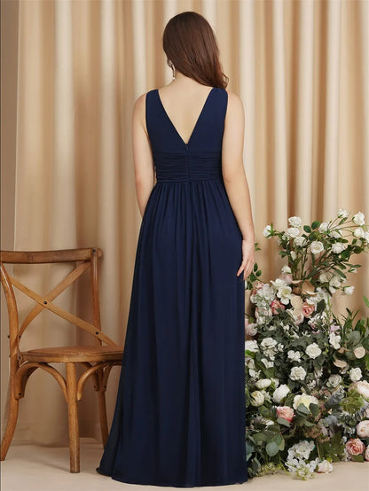 Elegant Burgundy V Neck Long Evening Dresses Summer Sleeveless Chiffon Ruched Formal Wedding Party Prom Gowns Vestido De Fiesta