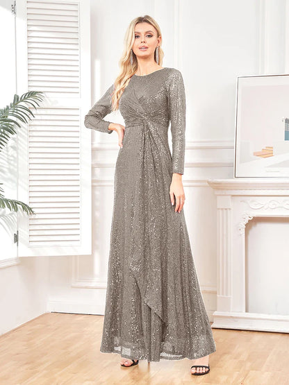 elegant Long Sleeve O-Neck Gold Sequins Evening Dress Luxury 2025 Women Wedding Party Prom Cocktail Dress Vestido