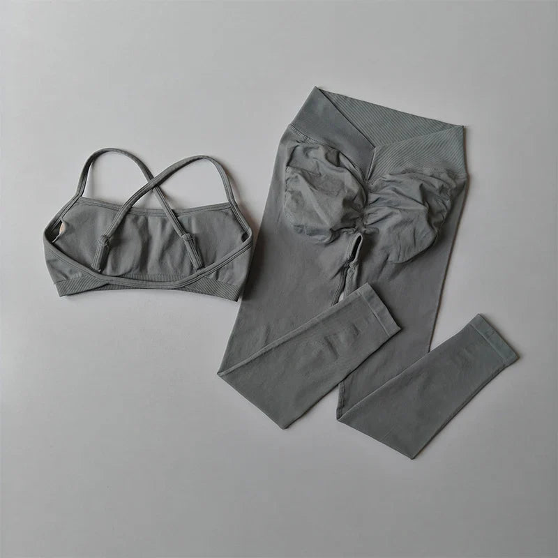 Peach Buttock Fitness Suit 2PCS High Waitsed Leggings Set Tight Yoga Sportswear Quick-drying Seamless Set Pilates Bra Women Sets