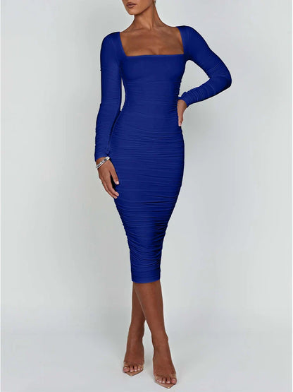 Vestido Feminino de Outono e Inverno Sexy Colado ao Corpo Decote Quadrado Manga Longa Vestidos de Noite para Senhoras