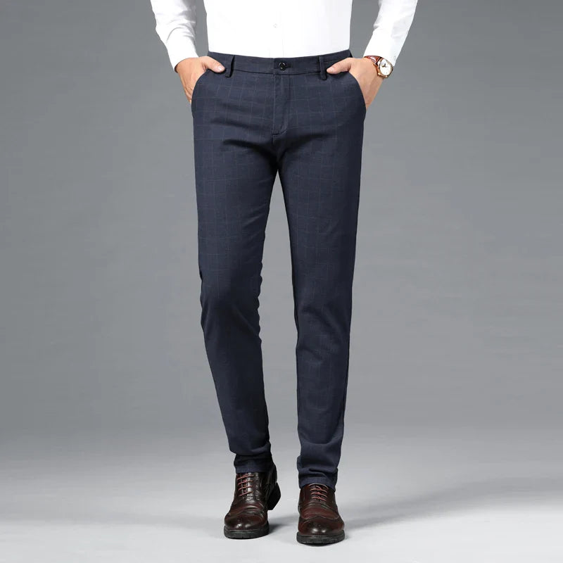 Spring Summer Business Men's Casual Pants Fashion Grid Design Versatile Comfortable Slim Straight Legs Elastic Male Trousers