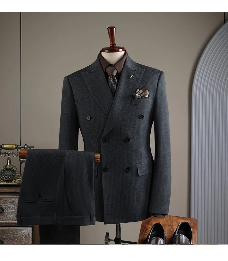 Terno Masculino de Alta Qualidade Formal Social Slim Fit Abotoamento Duplo Listrado Conjunto de Terno Noivo Casamento Roupa de Festa Smoking Roupa Masculina
