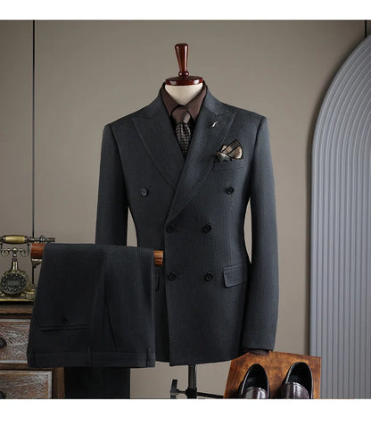 Terno Masculino de Alta Qualidade Formal Social Slim Fit Abotoamento Duplo Listrado Conjunto de Terno Noivo Casamento Roupa de Festa Smoking Roupa Masculina
