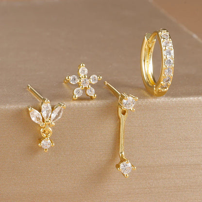 4PCS Stainless Steel Circle Huggie Hoop Earrings Set for Women Gold Color Unique Zircon Flower Stud Earring Piercing Jewelry