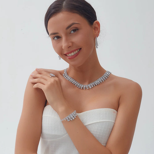 Cubic Zirconia Necklace and Earring Bridal Jewelry Set for Women Prom Wedding Party Accessories