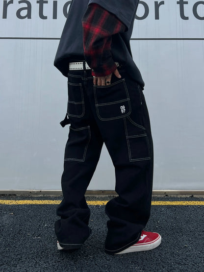 Retro Black Fashion Work Jeans Men Casual Straight-Leg Classic Work Denim Trousers Korean Brand Pant Men's Summer Pants