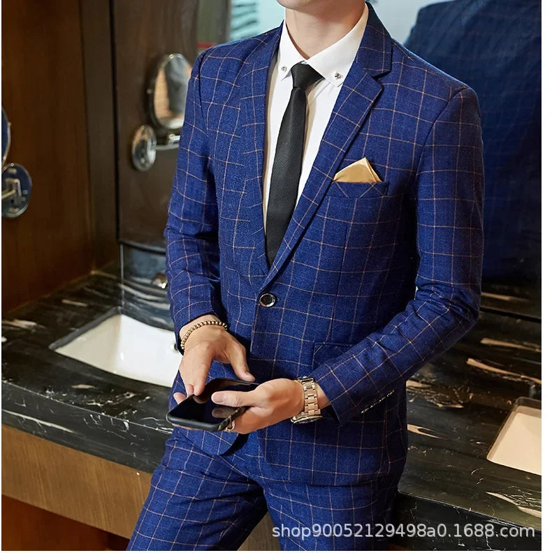 Men's Slim Fit Plaid Wedding Suit Jacket Korean Style Business Casual Single-breasted Suit with Set Wedding Groomsmen Wear