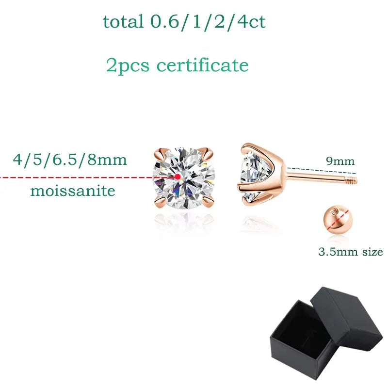 0.5CT 1CT 2CT Certified Moissanite Stud Earrings for Women Sparkling D Color Lab Diamond 100% 925 Sterling Silver Jewelry