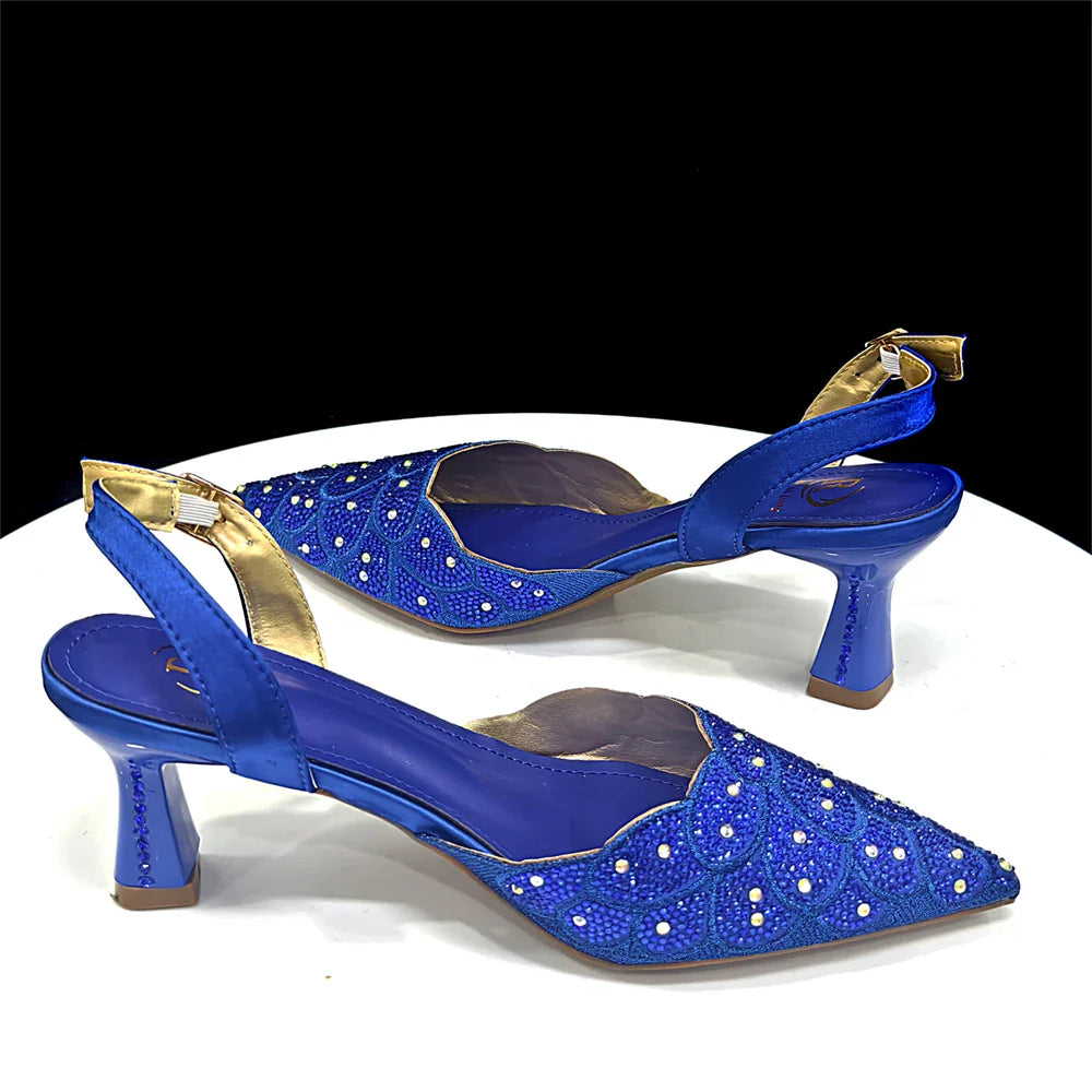 Women's Blue Color Heels with Rhinestone Accents & Matching Bag Set - Elegant Italian Fashion Pointed Toe Design