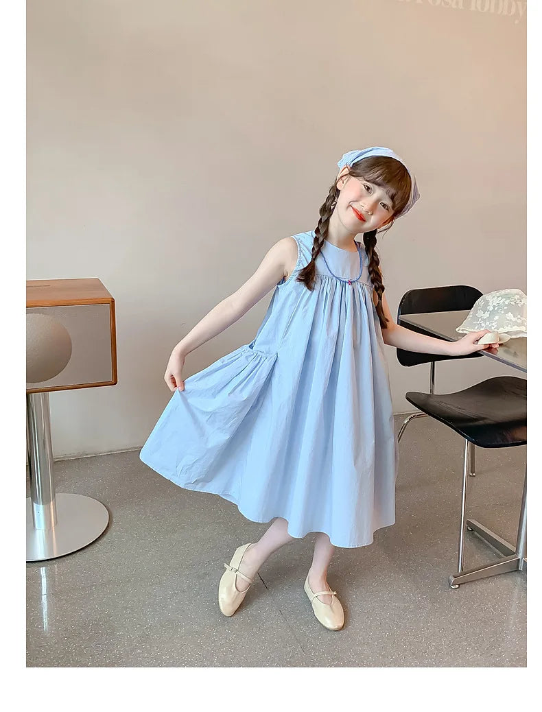 Summer Junior Girl Sleeveless Dress Solid Side Big Pockets Blue Ruched Dress For 2-10Y Girls Casual Round Collar Baby Girl Dress