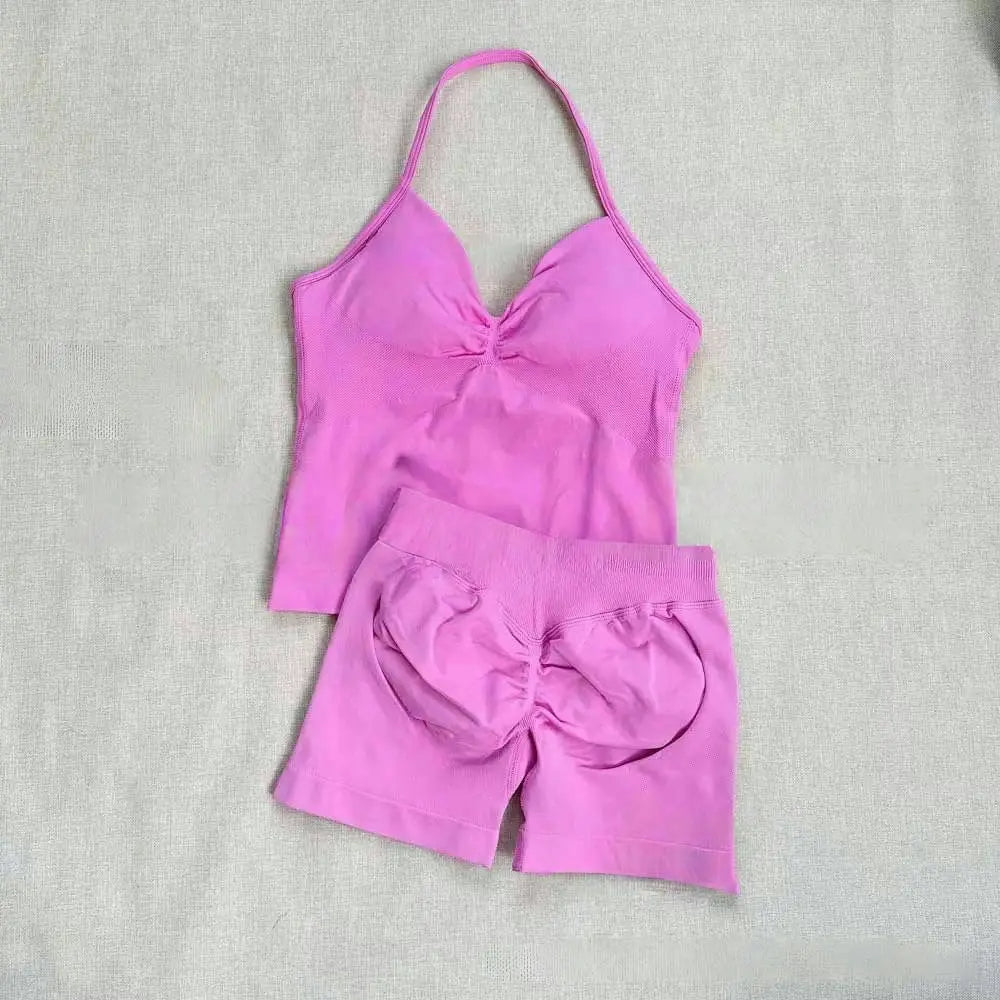 Women Gym Suit Clothes Longline Strappy Top Bras Seamless Running Shorts Sports 2 PCs Fitness Suit Running Workout Yoga Set