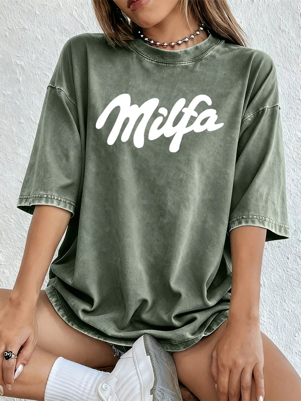 Milfa Purple Art Letter Printing Washed T-Shirts Womens Cotton Short Sleeve Tops Street O-Neck Oversize T Shirt Summer Clothes