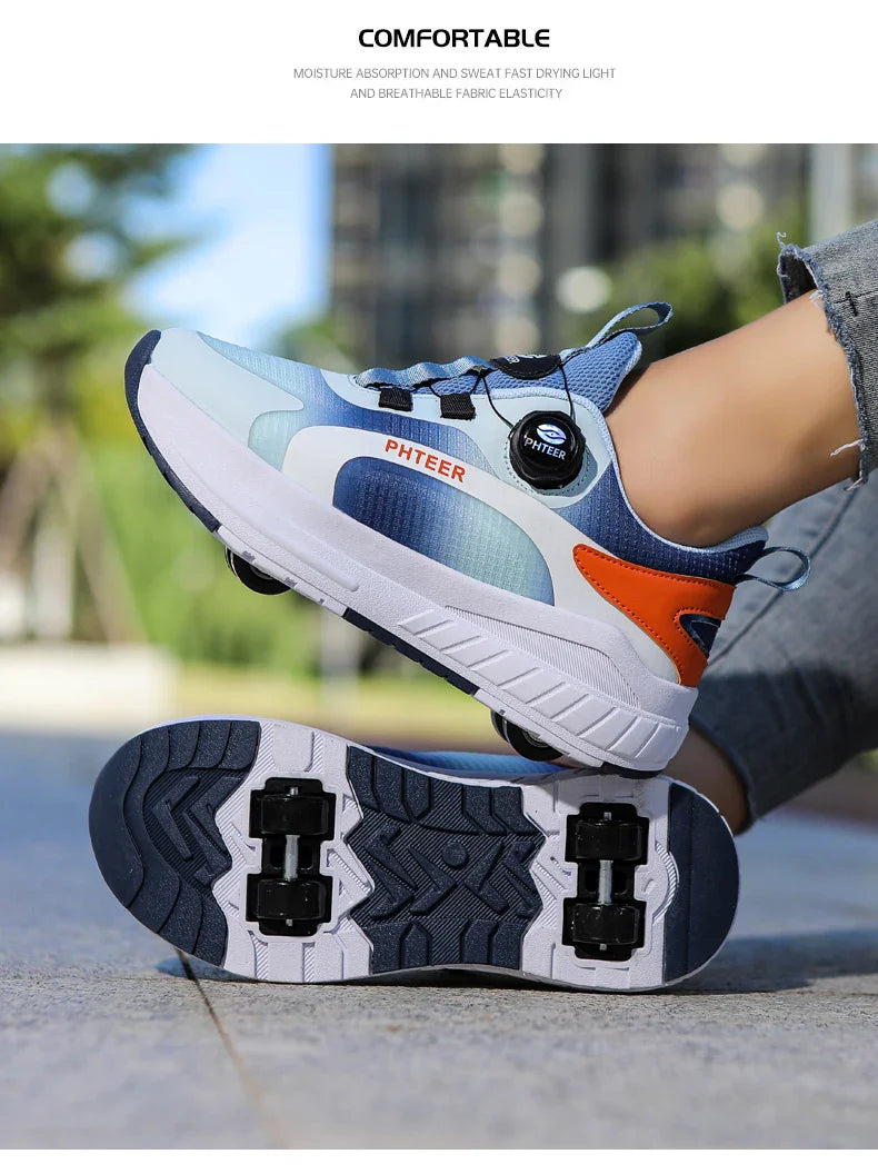 Kids Two Wheels Roller Skating Shoes With Light Magic Stick Walking Shoes Detachable Wheels Roller Skate Shoes For Teenagers