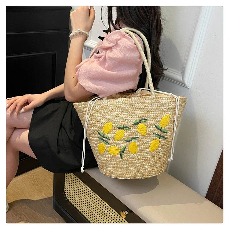 Embroidery Fruit Solid Color Shoulder Bag Straw Woven Hollow Versatile 2025 High Quality Bags for Women New Beach Handbags
