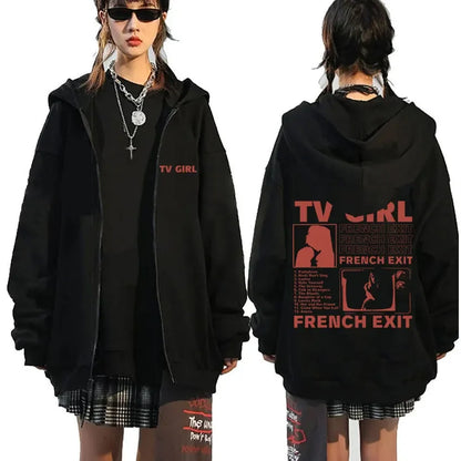 TV Girl Who Really Cares Graphic Print Zipper Hoodie Men Women Fashion Casual Oversized Zip Up Jacket Male Fleece Sweatshirts