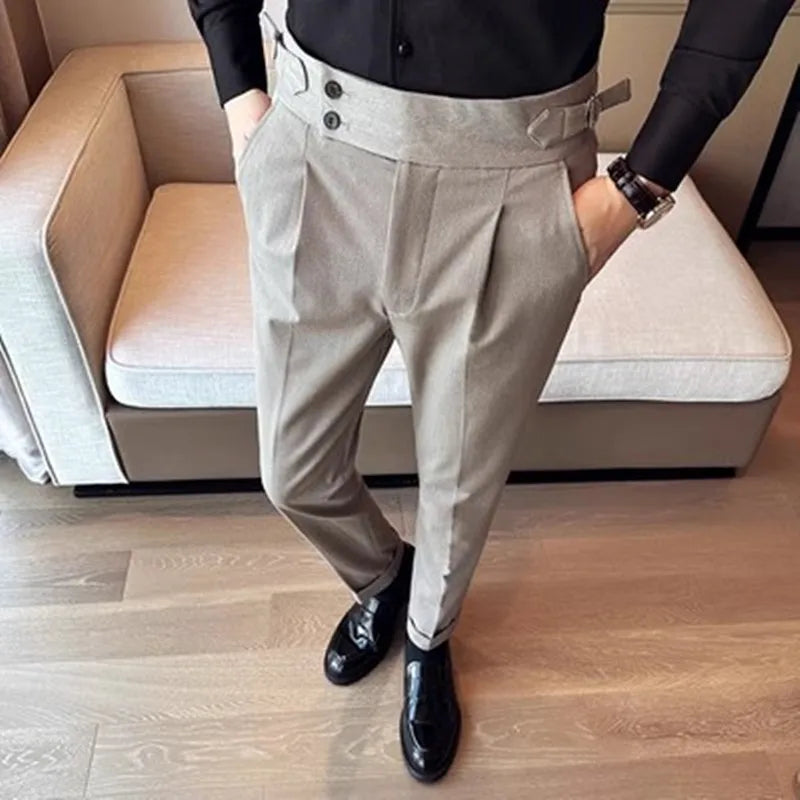 New Spring Autumn High Waist Smart Casual Dress Pants Men Belt Design Slim Suit Pants Formal Wedding Social Party Mens Trousers